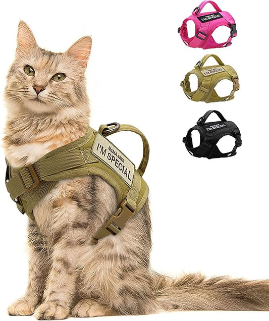 Forestpaw Cat Harness Escape Proof for Walking,Adjustable Cat Vest Harness with Soft Mesh Padded,Tactical Cat Harness with Control Handle,Molle Patches,Khaki