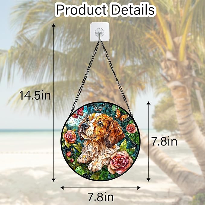 Stained Glass Window Hanging, Dog and Rose Suncatcher for Doors Home Butterfly Sun Catchers Decoration and Christmas, Mother's Day Birthday Gifts for Women, Men, and Mom 7.8 in