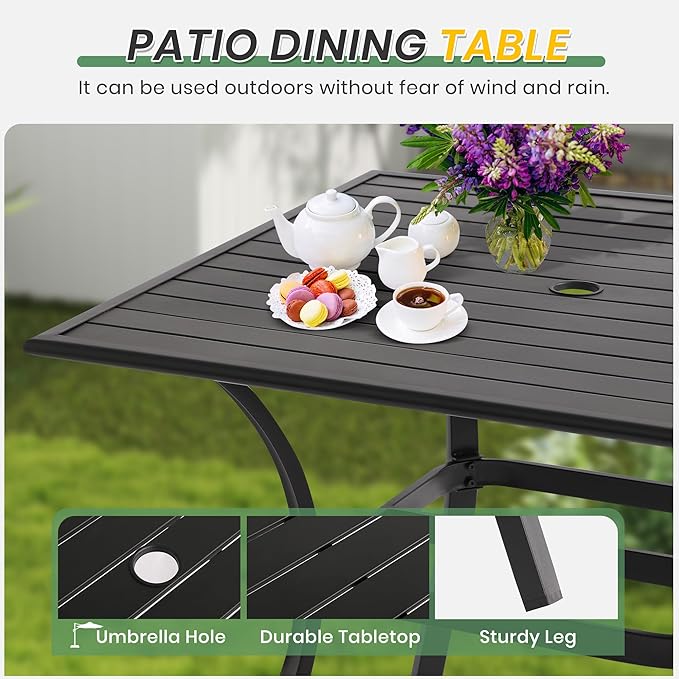 LVUYOYO Outdoor Patio Dining Table, Metal Rectangular Table with Umbrella Hole, All-Weather Furniture for Backyard, Garden,Balcony,Porch (Black)
