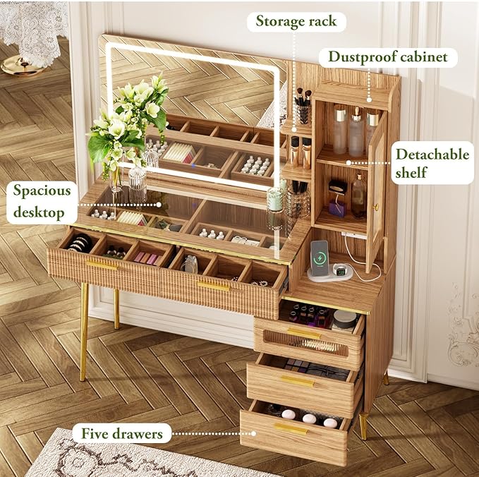 47.24" Big Modern Vanity Desk with Mirror and Lights,Makeup Vanity Desk with 5 Drawers and Storage Shelves & Power Outlet,Dressing Table with Glass Top, Oak