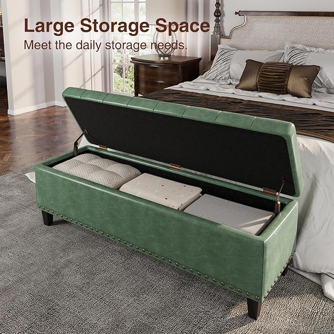 Storage Ottoman Bench,51-Inch Large Storage Bench for Bedroom End of Bed, 30 Gallons Faux Leather Ottoman with Storage for Bedroom, Living Room, Entryway, Hallway,Green