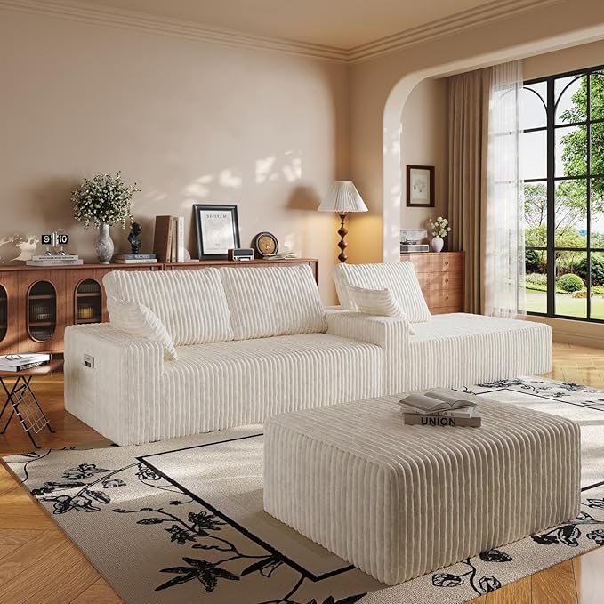 108" U Shaped Sectional Couch with Ottoman, Corduroy Modular Sectional Sofa with Deep Seat, Modern Modular L-Shape Sofa Couch with Chaise,Upholstered Boneless Couches for Living Room Bedroom