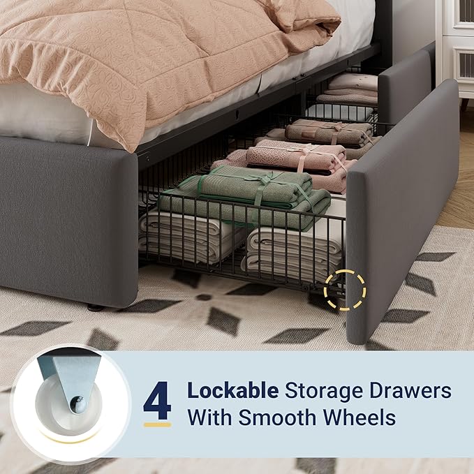 Allewie Queen Size Storage Bed Frame, Vertical Channel Tufted Adjustable Headboard, Velvet Upholstered Platform Bed with 4 Oversized Underbed Drawers, Wooden Slats Support, No Box Spring Needed, Grey