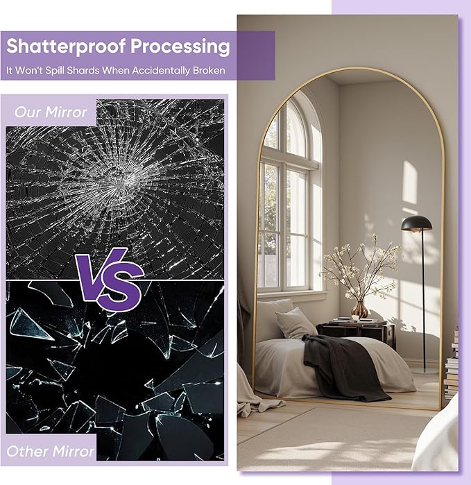 Full Length Mirror, 86"x46" Arched Floor Mirror Freestanding, Floor Standing Full Body Mirror with Stand for Bedroom, Hanging Mounted for Living Room Cloakroom, Gold