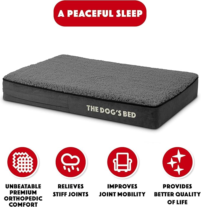 The Dog’s Bed Orthopedic Memory Foam Dog Bed, Small Grey Plush 28x19, Pain Relief for Arthritis, Hip & Elbow Dysplasia, Post Surgery, Lameness, Supportive, Calming, Waterproof Washable Cover