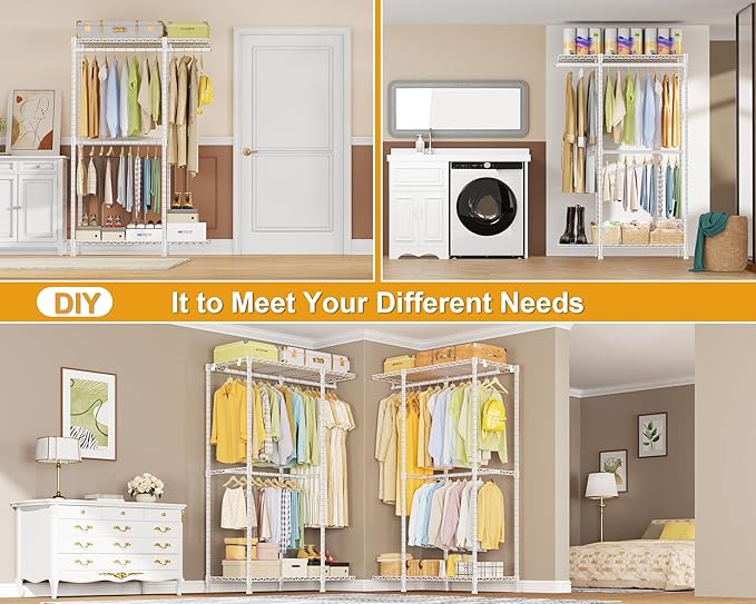 E14 Heavy Duty Clothes Rack，Freestanding Clothing Racks for Hanging Clothes，Adjustable Closet Organizers and Storage，Metal Garment Rack with Shelves 69" W x16 D x77 H，Max Load 960LBS，White