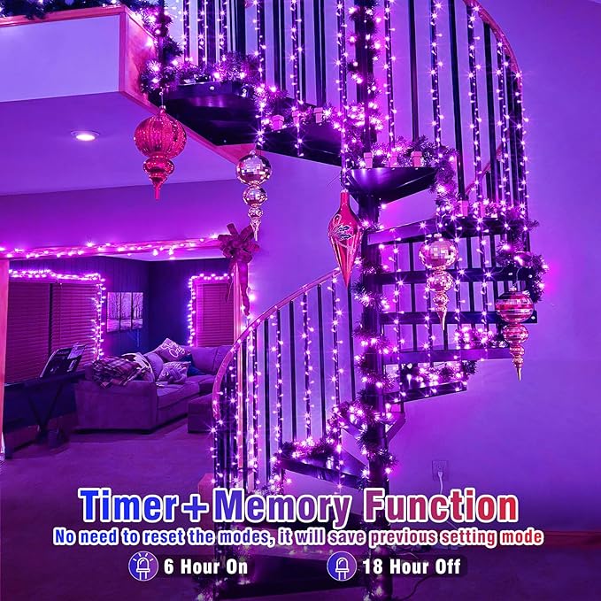 100 LED String Lights Indoor Outdoor Waterproof 33ft Purple Christmas Lights Clear Wire with 8 Modes Plug in Twinkle Fairy Light for Tree Party Christmas Decorations