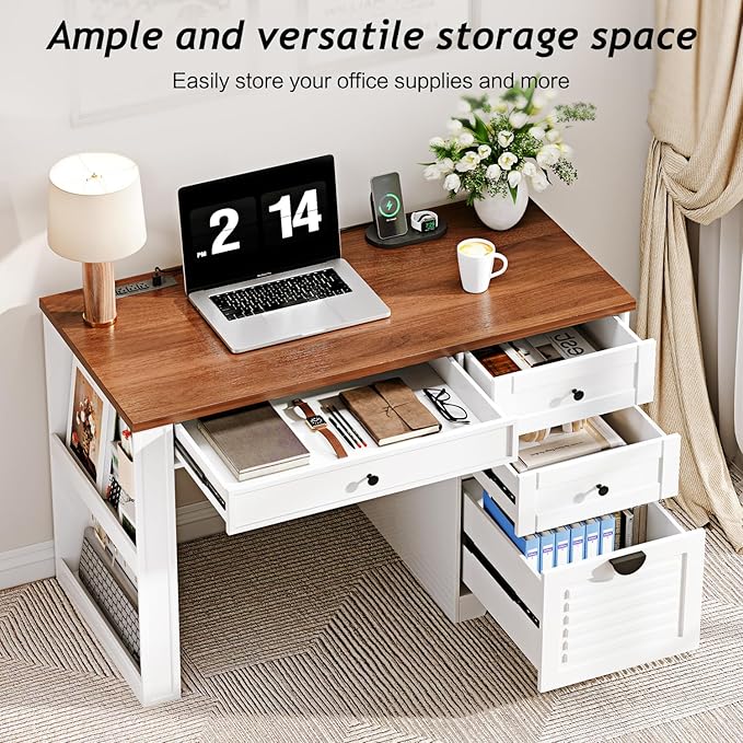 47" Home Office Desks, Executive Desk, Farmhouse Computer Desk with Drawers and Charging Station, File Drawer, Storage Cabinet, Rustic Computer Writing Desk,Antique White
