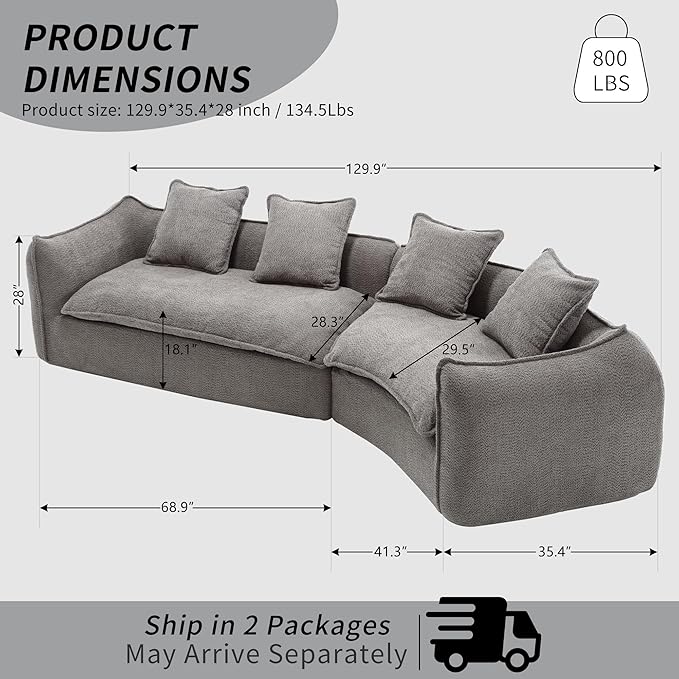 129.9” Curved Boucle Sofa Couch, Modern Sectional Sofa Cloud Deep Seat Couch with 4 Pillows, Comfy Modular 4-Seat Couches for Living Room Apartment (Grey)