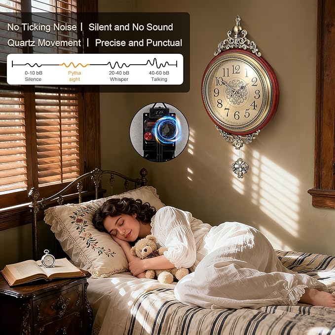 Vintage Wall Clock with Pendulum, 14 Inch Dial Diameter, 26.8 Inch Overall Height, Large Retro Metal and Glass Silent Clock for Living Room, Antique Wood Pendulum for Dining Room Office Home Decor