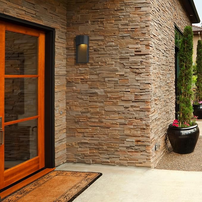 GLOBE Electric 44227 1-Light Outdoor Wall Sconce, Bronze Finish, Amber Water Glass Shade, Integrated 8.5W LED, Weather-Resistant Modern Outdoor Lighting