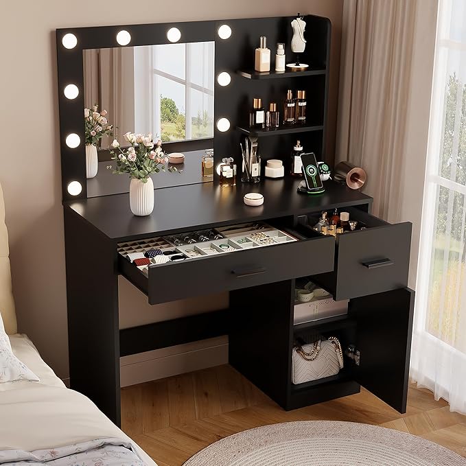 YESHOMY Vanity Desk with Mirror, 10 Lights, Power Outlet and 3 Storage Shelves, Makeup Table with 2 Drawers & 1 Cabinet, 3 Color Modes, for Bedroom, Black