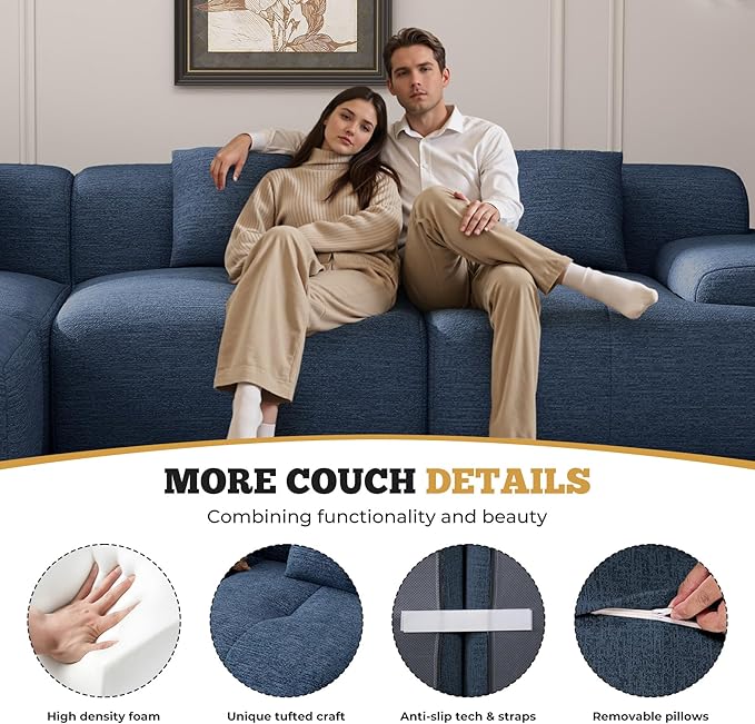 158" Modern U Shaped Modular Sectional Sofa, Boneless Couches for Living Room with Ottoman,6 Seater Convertible Chenille Cloud Couch Sofa Set, No Assembly Required, Blue 1 PCS