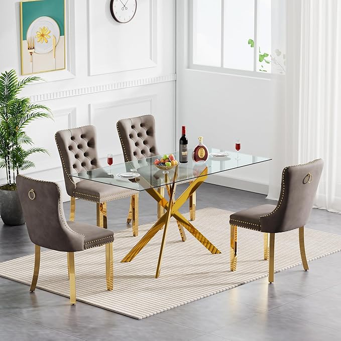 Goujxcy Glass Dining Table Set for 4, Modern Kitchen Table and Chairs Set of 4, 5-Piece Kitchen Dining Room Table Set w/61 Glass Gold Dining Table and 4 Gray Velvet Upholstered Chairs