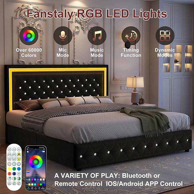 Full Bed Frame with LED Lights, Storage Drawers, No Box Spring Needed, 900 lbs Capacity, Easy Assembly, Velvet Black