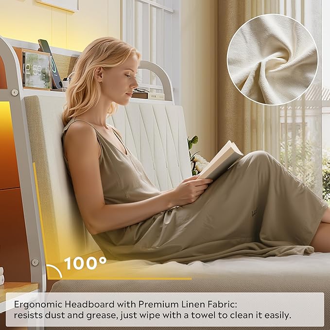 WLIVE Queen Size Upholstered Bed Frame with 2 Side Shelves, Linen Tufted Storage Headboard with Charging Ports and LED Light, Metal Solid and Stable, No Box Spring Needed, Easy Assembly, Beige