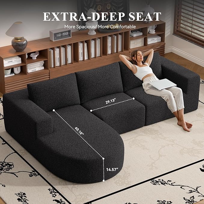 Modular Sectional Sofa with L-Shape Chaise,Cloud Sectional Modern Sleeper Couch with Deep Seat,Sponge Compression Sofas No Assembly Required (Black-Sherpa Fabric) 1PCS