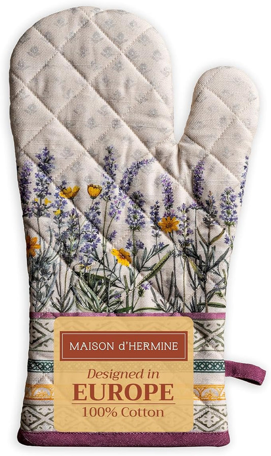 Maison d' Hermine Oven Gloves 100% Cotton Oven Mitt 7" x 13" with Loop Heat Resistant, BBQ, Cooking Gloves, Baking, Grilling, Kitchen, Handling Hot Pans Spring/Summer (Pack of 1, Fanny Lavender)