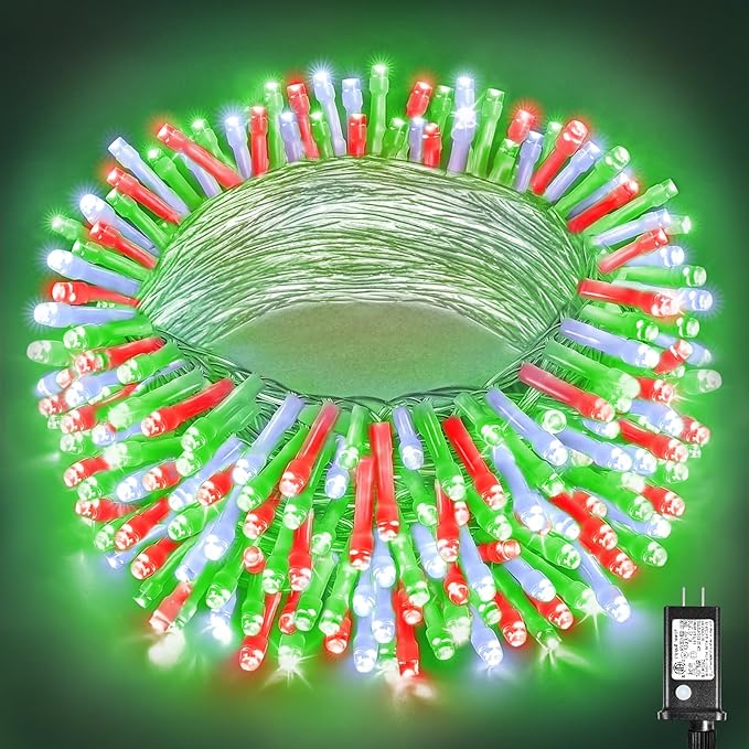 200 LED Christmas Lights Outdoor Indoor 66FT String Lights Indoor Clear Wire 8 Modes Plug in Twinkle Fairy Lights for Bedroom Christmas Tree Party Decorations, Red White&Green