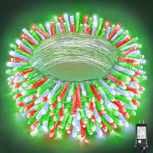 200 LED Christmas Lights Outdoor Indoor 66FT String Lights Indoor Clear Wire 8 Modes Plug in Twinkle Fairy Lights for Bedroom Christmas Tree Party Decorations, Red White&Green
