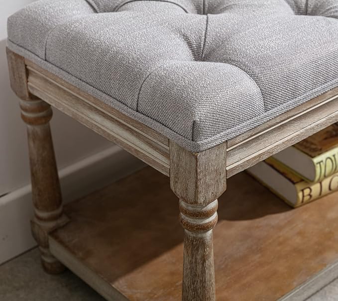 DUOMAY Farmhouse Tufted Storage Ottoman Bench with Shelf, 31.5" Width Linen Upholstered Entryway Shoe Ottoman Foot Stool for Bedroom Living Room Dining Room, Grey