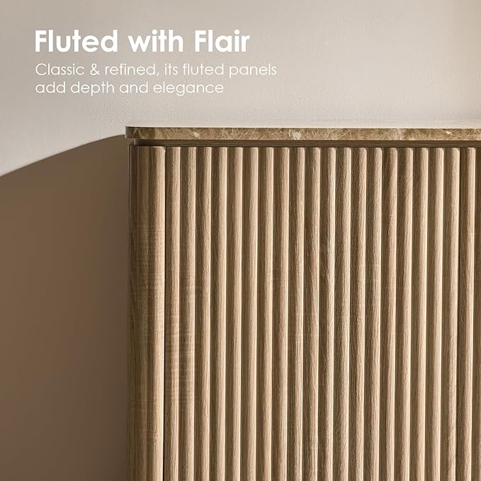 Fluted 2 Doors Sideboard Cabinet with Storage-Wooden Credenza w/Shelves, Faux Marble-Top Coffee Bar Console Table, Modern Buffet Cabinet for Dining, Kitchen, Living Room, Entryway, Natural Oak, 2pcs