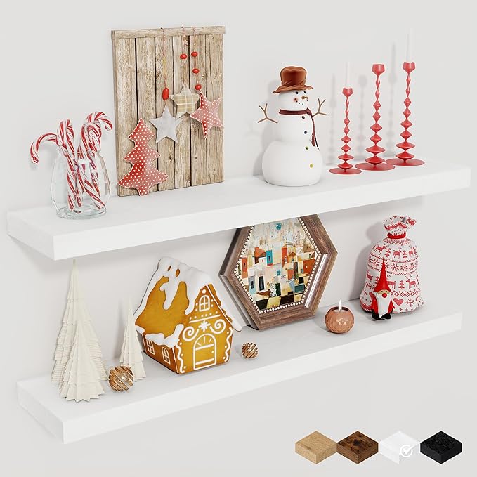 Fun Memories 32Inch Floating Shelves for Wall 2 Pack Wood Shelves for Kitchen, Bathroom, Bedroom Wall Mounted Rustic Wood Floating Shelf with Invisible Brackets for Books, Storage, Decor, White