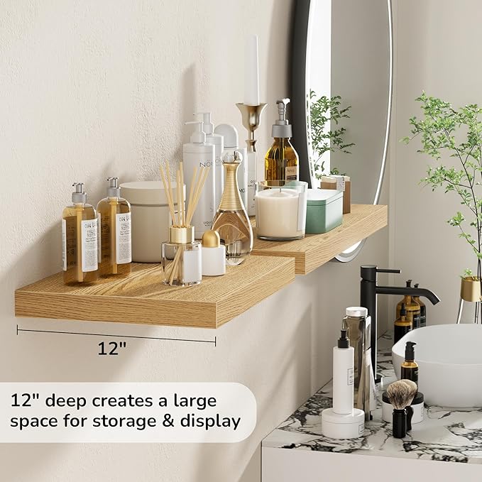 Fun Memories Floating Shelves - 2 Pack 12 Inch Rustic Wooden Wall Shelves - Extra Deeper & Thicker Wall Mounted Storage Shelf for Living Room, Kitchen, Farmhouse - 16" W x 12" D x 1.5" H - Oak