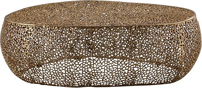 Modern Contemporary Oval-Shape 50" Coffee Table, Solid Aluminum intrigued Design, Mesh Cocktail Table, Creative Center Table for Living Room and Bedroom, Casted in Gold