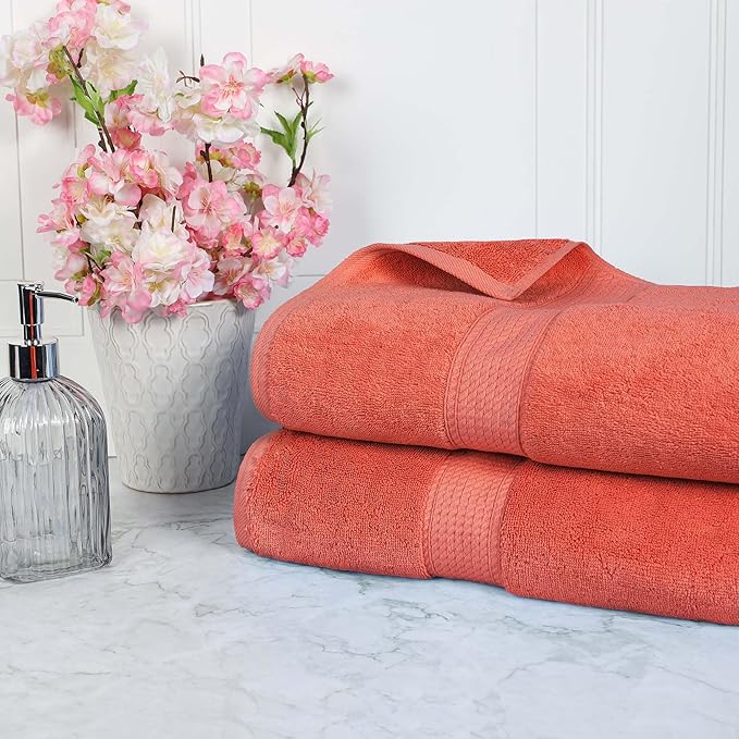 Superior Egyptian Cotton Pile Bath Sheet Set of 2, Ultra Soft Luxury Towels, Thick Plush Essentials, Absorbent Heavyweight, Guest Bath, Hotel, Spa, Home Bathroom, Shower Basics, Coral