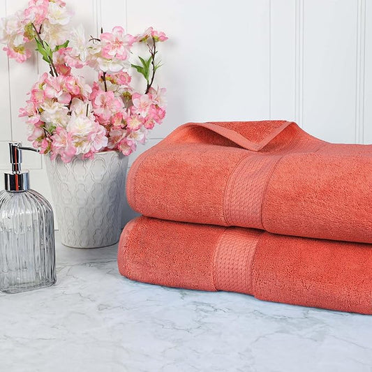 Superior Egyptian Cotton Pile Bath Sheet Set of 2, Ultra Soft Luxury Towels, Thick Plush Essentials, Absorbent Heavyweight, Guest Bath, Hotel, Spa, Home Bathroom, Shower Basics, Coral