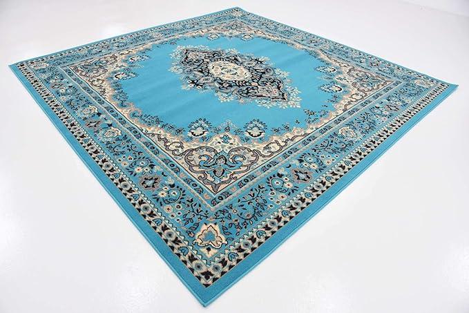 Unique Loom Reza Collection Traditional Persian Style Area Rug, 8' 0" x 8' 0", Turquoise/Ivory