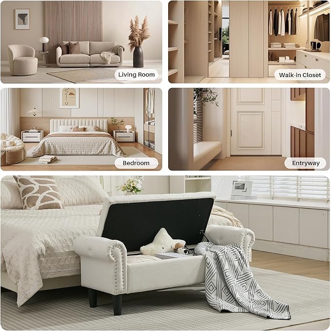 Storage Bench, 50" Queen End of Bed Bench, Linen Tufted Button Upholstered Bedroom Bench, Storage Ottoman with Rolled Arms, Window Bench with Storage, for Living Room, Entryway Beige