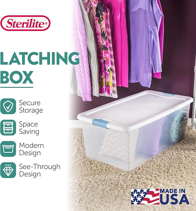 Sterilite 8-Pack Latching Box, Under Bed Storage Bins with Lids, Clear Plastic, 106 Quart - Heavy-Duty Organizing Containers for Closet, Bathroom, and Office