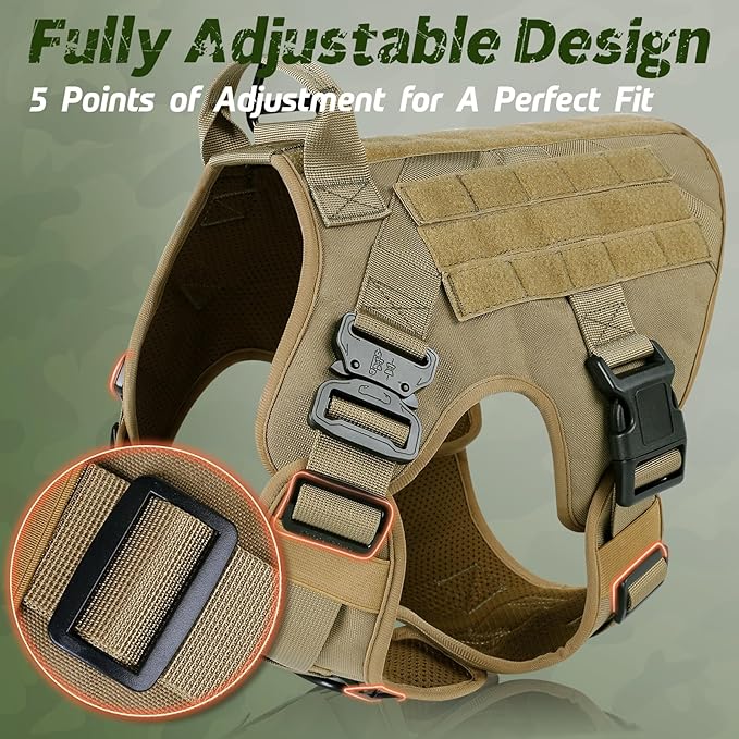 rabbitgoo Tactical Dog Harness Medium Sized, Heavy Duty Pet Harness with Handle, No-Pull Service Vest Medium Breed, Adjustable Military Dog Vest for Training Hunting Walking, Brown, M