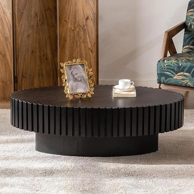 Oval Drum Coffee Table 43.3" Wooden Coffee Tables Handcrafted Fluted Drum Coffee Table Mid Century Modern Luxury Center Table Vintage Farmhouse Center Table for Living Room (Oval Black)