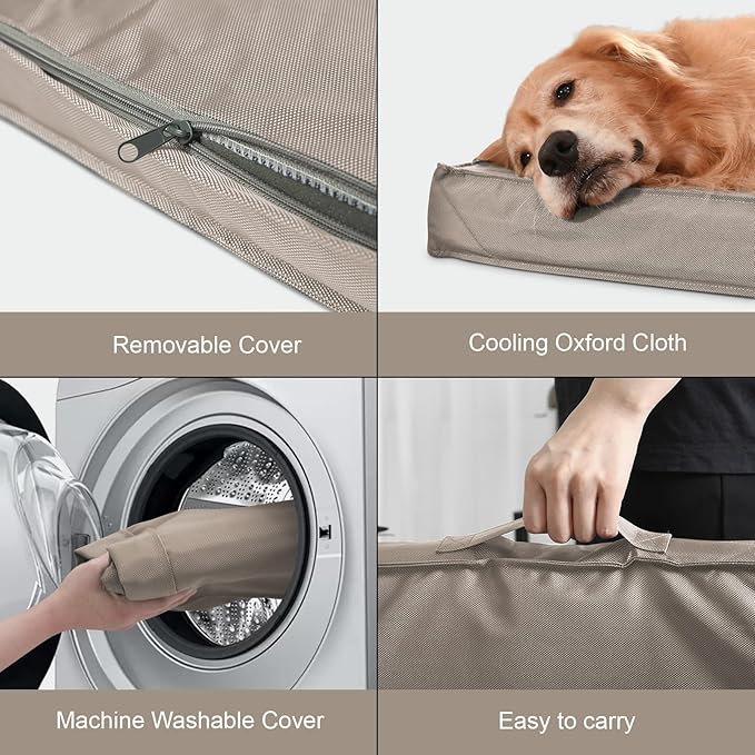 Outdoor Large Dog Bed, Waterproof Dog Bed for Large Dogs, Egg Crate Foam Pet Bed with Removable Washable Oxford Cooling Cover, Khaki