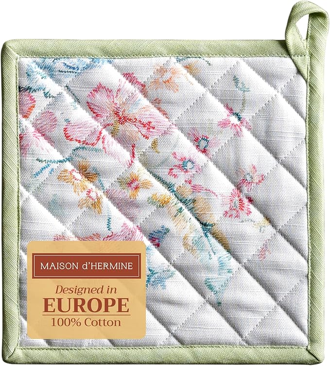Maison d' Hermine Pot Holders 100% Cotton Heat Resistant Potholders 8" x 8" Hot Pads with Loop BBQ, Cooking, Baking, Grilling, Kitchen, Handling Hot Pans Spring/Summer (Pack of 1, Paradise Island)