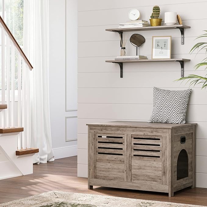 DINZI LVJ Long Wall Shelves, 31.5 Inch Wall Mounted Shelves Set of 2, Easy-to-Install, Floating Storage Ledges with Sturdy Metal Brackets for Living Room, Bathroom, Bedroom, Kitchen, Greige