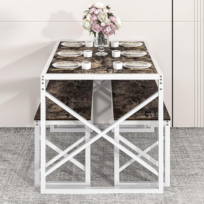 VECELO Kitchen Dining Table Benches Set for 4, 55" Wooden Dinette with 2 Benches, Heavy-Duty Dining Room Table for Small Space, Breakfast Nook, Dark Brown