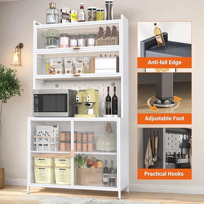 73'' Tall Kitchen Pantry Cabinet, 6 Level Flip Door with Pegboard Metal Pantry Storage Cabinet, Anti-Tip Design Hutch for Kitchen, Dining Room, Living Room (White)