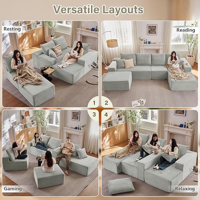 135" U-Shape Cloud Couch, Modern Modular Sectional Comfy L-Shape Sofa with Ottoman, Deep Seat, Upholstered Corduroy Sleeper Chaise Longue for Living Room Bedroom, No Assembly Required, Grey
