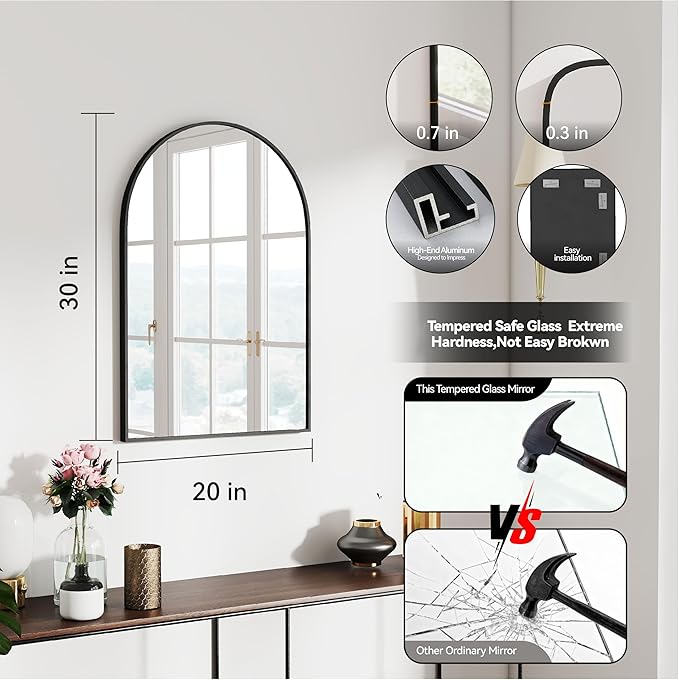 30x20 Arch Mirror Rectangle Wall Mounted Hanging or Against Wall Aluminum Alloy Metal Frame Dressing Make-up Mirrors for Entryway Bedroom Bathroom Living Room 30 20 inch Black