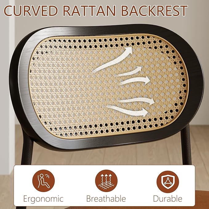 Rattan Dining Chairs Set of 2, Camel Leather Upholstered Dining Chairs with Rattan Cane Back, Mid Century Modern Dining Room Chairs with Black Metal Legs & D-Shaped Thicken Cushion, Camel