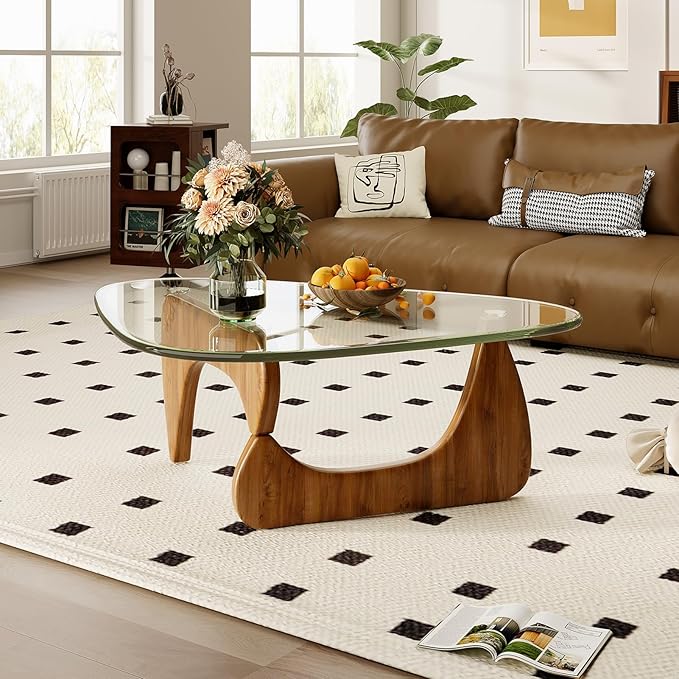 Coffee Table for Living Room Mid Century Modern Center Table with Glass Top, Walnut Transparent