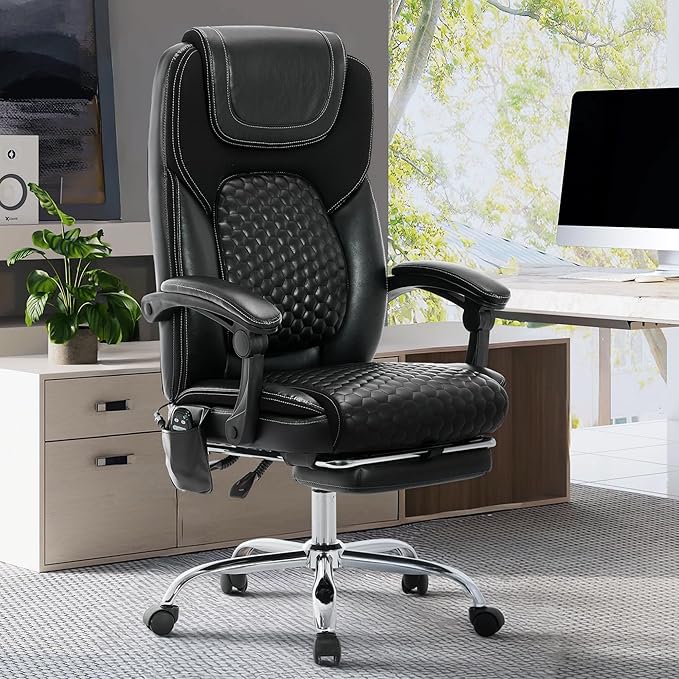 Executive Office Chair with Massage and Heat, Ergonomic Reclining Desk Chair with Footrest, Big and Tall High-Back Leather Computer Chair with Wheels, Adjustable Managerial Chair, Supports 300 lbs