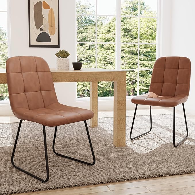 Faux Leather Dining Chairs Set of 4, Modern Upholstered Kitchen Chairs with Curved Backrest and Metal Legs, PU Leather Dining Room Chairs for Kitchen Living Dining Room Set of 4 Brown