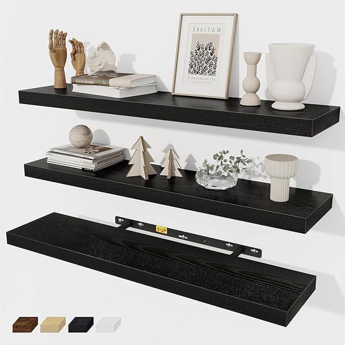 Fun Memories 30 Inch Floating Shelves Set of 3, Farmhouse Black Wall Shelves for Kitchen, Living Room, Wall Mounted Bathroom Shelves in Black, 30 x 6.7 x1.4 Inch