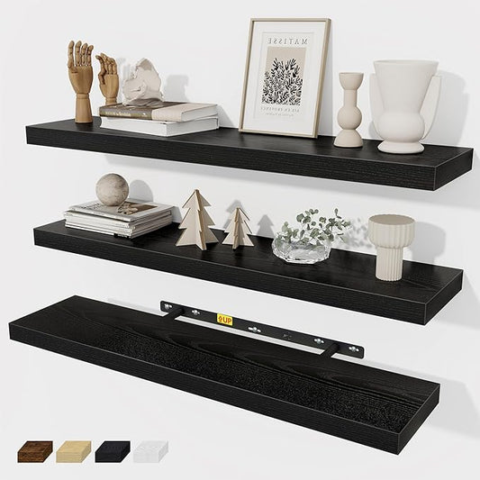 Fun Memories 30 Inch Floating Shelves Set of 3, Farmhouse Black Wall Shelves for Kitchen, Living Room, Wall Mounted Bathroom Shelves in Black, 30 x 6.7 x1.4 Inch