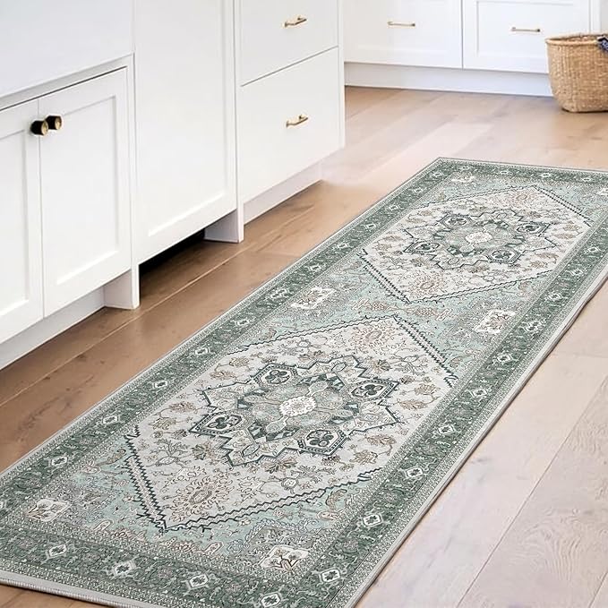 OPPODREAM Thin Entryway Rug 2x6, 2x6 Rug Runner, Washable Hallways Carpet 2 x 6 with Non Slip Backing, Low-Pile Bedside Carpet 2 x 6, Long, Faux Cashmere, Green